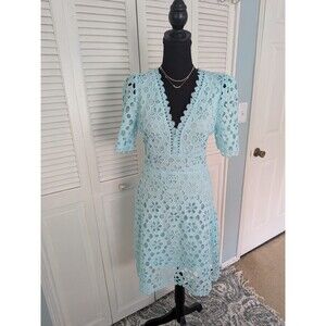 Ticosa Dress Women's M Aqua Blue Floral Open Lace Midi Coquette Romantic Party